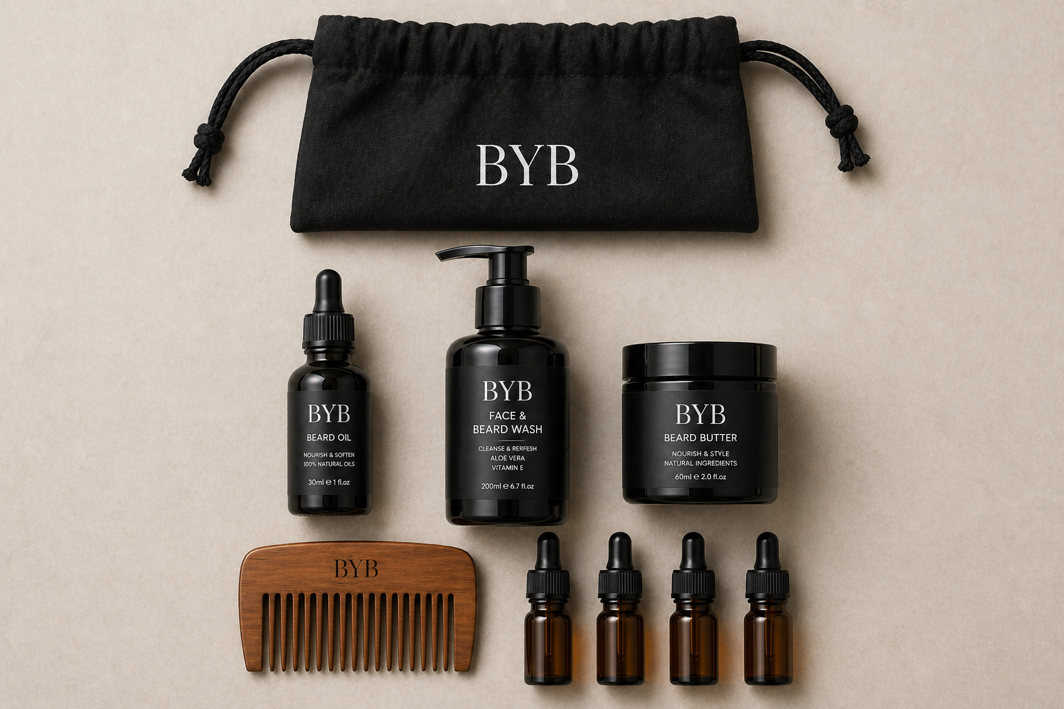 BYB-branded tester bundle — Beard Oil, Face & Beard Wash, Beard Butter, drawstring bag, wooden comb, and four 10ml fragrance samples